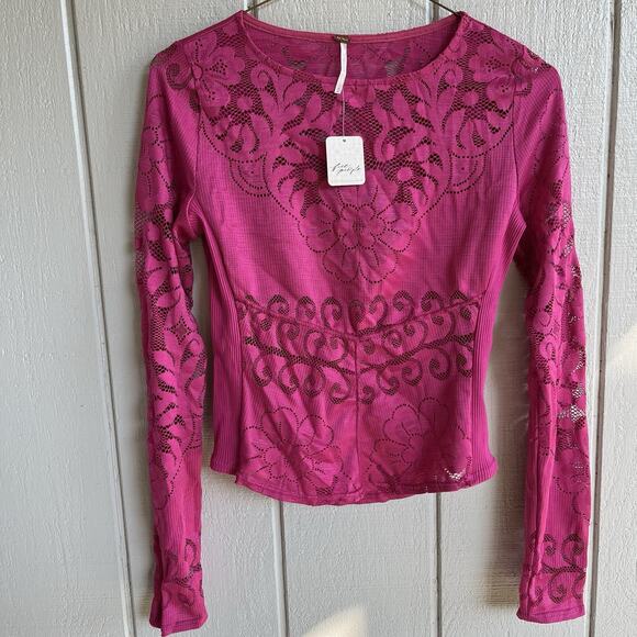 Free People NWT Wild Roses Lace Long Sleeve Top Very Berry Mauve Size M - Picture 1 of 9